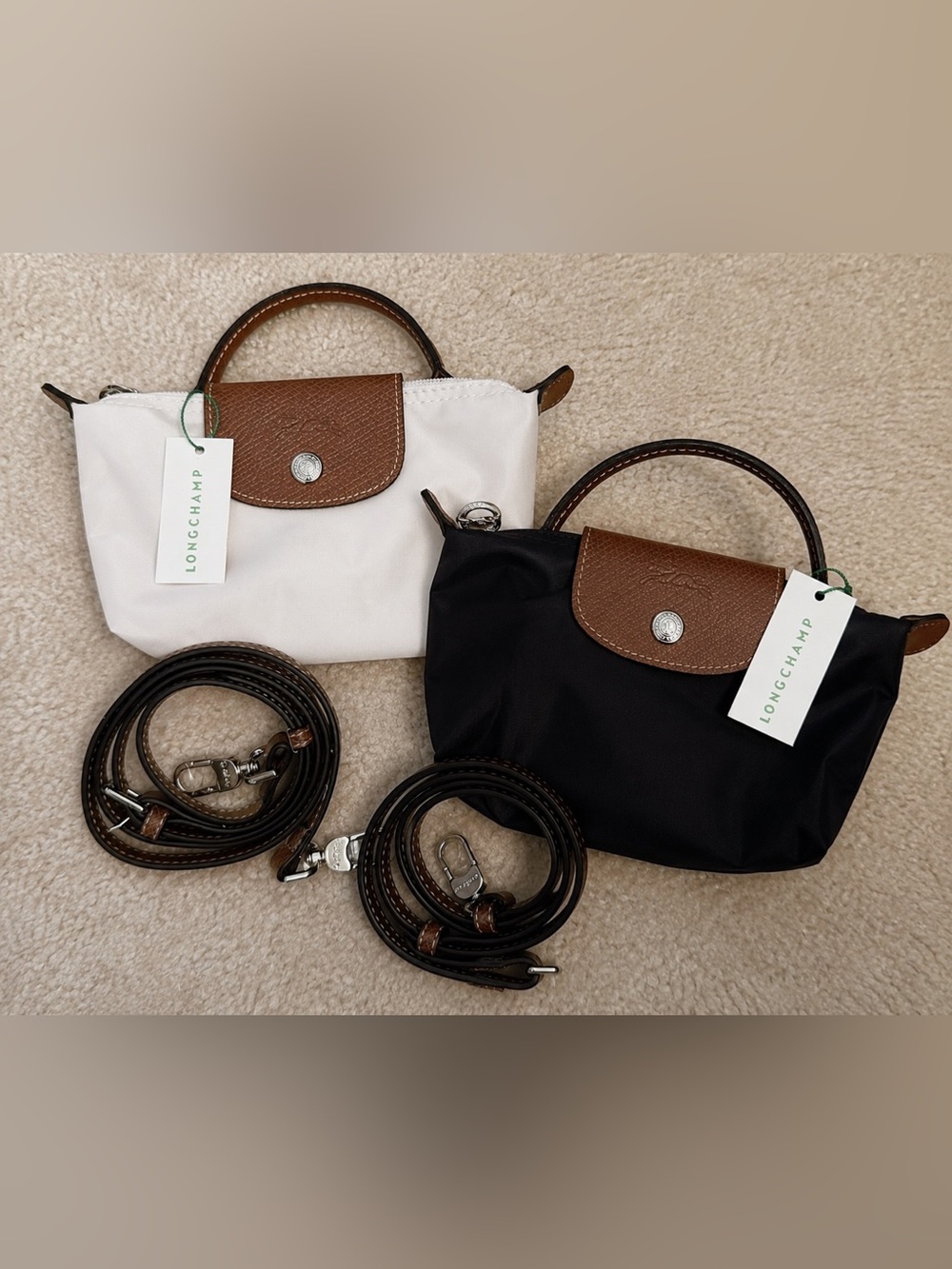 Longchamp Mini Crossbody Bundle — White and Black with Brown Trim